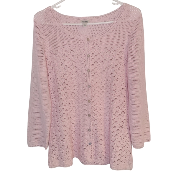 L.L. Bean Sweaters - LL Bean Baby Pink Crochet 3/4 Sleeve Cardigan Linen/Cotton Size M EUC
